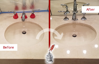 Sir Grout Polishes this Dull Wendell Marble Stone Vanity Top to Bring-Back Its Sheen Before and After Picture of a Dull Wendell Marble Stone Vanity Top Polished to Bring-Back Its Sheen