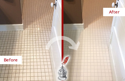 Before and After Picture of a Apex Bathroom Floor Sealed to Protect Against Liquids and Foot Traffic