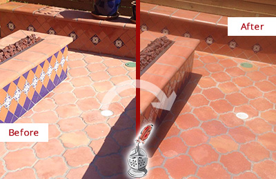 Sir Grout Seals this Dull Falls Terracotta Patio Floor For UV Protection Before and After Picture of a Dull Falls Terracotta Patio Floor Sealed For UV Protection
