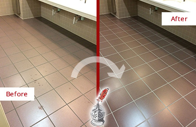 Sir Grout Seals this Falls Restroom to Help Protect Against Scratches Before and After Picture of a Falls Restroom Sealed to Help Protect Against Scratches