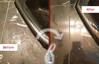 Before and After Picture of a Holly Springs Marble Countertop Cleaned to Remove Deep Dirt