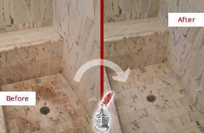Sir Grout Cleans this Dirty Auburn Marble Shower to Eliminate Dark Stains Before and After Picture of a Dirty Auburn Marble Shower Cleaned to Eliminate Dark Stains