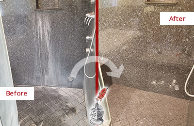 Sir Grout Cleans this Auburn Granite Shower to Remove Mineral Deposits Before and After Picture of a Auburn Granite Shower Cleaned to Remove Mineral Deposits