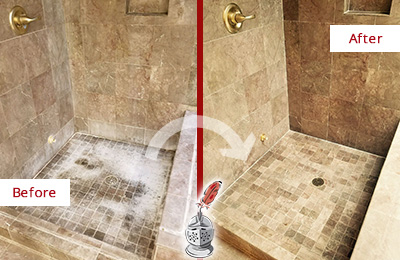 Sir Grout Cleans this Auburn Travertine Shower to Eliminate Water Spots Before and After Picture of a Auburn Travertine Shower Cleaned to Eliminate Water Spots