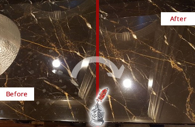 Sir Grout Cleans this Auburn Marble Countertop to Remove Water Spots Before and After Picture of a Auburn Marble Countertop Cleaned to Remove Water Spots