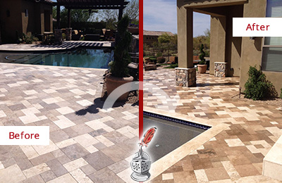 Before and After Picture of a Auburn Travertine Patio Sealed Stone for Extra Protection