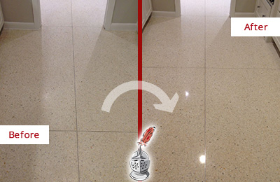 Sir Grout Hones this Dull Raleigh Granite Floor to Recover Its Sheen Before and After Picture of a Dull Raleigh Granite Floor Honed to Recover Its Sheen