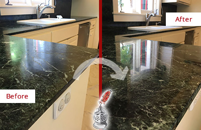 Sir Grout Hones this Raleigh Marble Kitchen Countertop to Remove Water Marks Before and After Picture of a Raleigh Marble Kitchen Countertop Honed to Remove Water Marks
