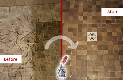 Sir Grout Hones this Raleigh Marble Shower to Remove Etching Before and After Picture of a Raleigh Marble Shower Honed to Remove Etching