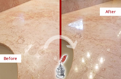Sir Grout Hones this Raleigh Marble Vanity Top to Eliminate Water Spots Before and After Picture of a Raleigh Marble Vanity Top Honed to Eliminate Water Spots