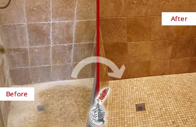 Before and After Picture of a Wake Forest Travertine Shower Honed to Remove Mineral Deposits
