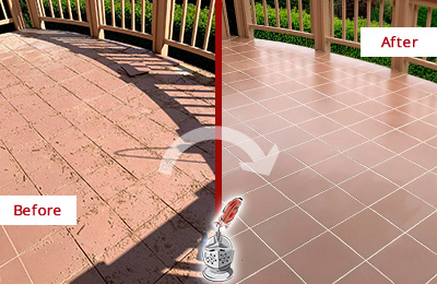 Before and After Picture of a Wake Forest Hard Surface Restoration Service on a Tiled Deck