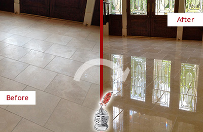 Sir Grout Restored This Zebulon Dull Travertine Floor to Recover Its Splendor with a Stone Polishing Service Before and After Picture of a Zebulon Hard Surface Restoration Service on a Dull Travertine Floor Polished to Recover Its Splendor