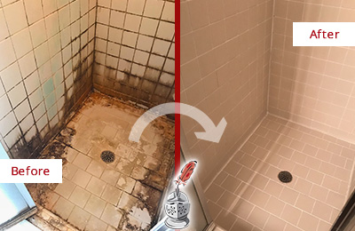 Sir Grout Restored This Zebulon Tile Bathroom to Repair Water Damage Before and After Picture of a Zebulon Hard Surface Restoration Service on a Tile Bathroom to Repair Water Damage