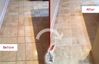 Sir Grout Cleans this Wake Forest Kitchen Floor's Grout to Recover Its Color Before and After Picture of Wake Forest Kitchen Floor Grout Cleaned to Recover Its Color