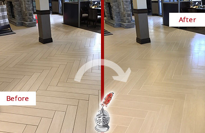 Sir Grout Cleans the Grout on this Wake Forest Lobby Floor Before and After Picture of a Wake Forest Lobby Floor Cleaned to Even the Grout Color