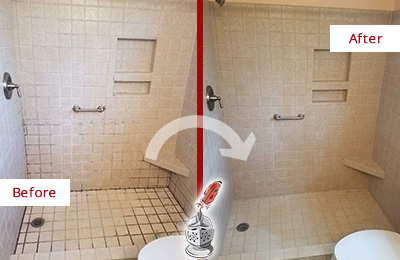 Before and After Picture of a Morrisville Shower Grout Cleaned to Remove Mold