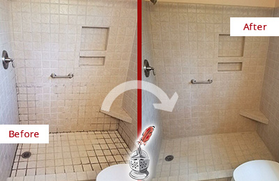 Sir Grout Cleans the Grout on this Wake Forest Moldy Shower Before and After Picture of a Wake Forest Shower Grout Cleaned to Remove Mold