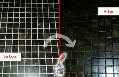 Sir Grout Recolored the Grout of this Rolesville Black Tile Floor Before and After Picture of a Rolesville Black Floor with Recolored Grout