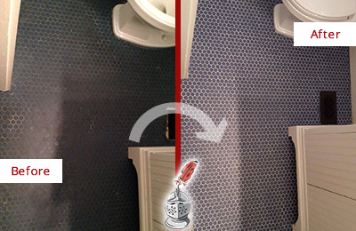 Sir Grout Recolors the Grout on this Rolesville Blue Tile Floor Before and After Picture of a Rolesville Blue Tile Floor Recolored Grout