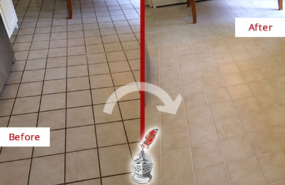 Sir Grout Recolors this Rolesville Kitchen Tile Floor's Grout Before and After Picture of a Rolesville Kitchen Tile Floor with Recolored Grout