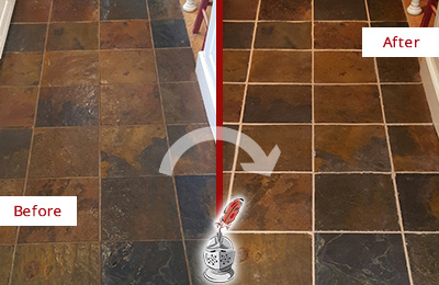 Sir Grout Recolors the Grout of this Rolesville Slate Floor Before and After Picture of a Rolesville Slate Floor Recolored Grout