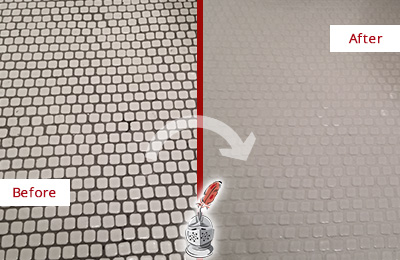 Sir Grout Recolors the Grout of this Rolesville White Mosaic Tile Before and After Picture of a Rolesville White Mosaic Tile Recolored Grout