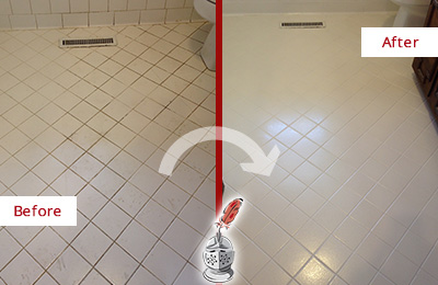 Before and After Picture of a Falls White Bathroom Floor Grout Sealed for Extra Protection