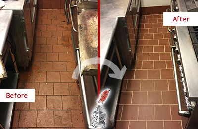 Sir Grout Seals the Grout of this Forestville Restaurant Kitchen Floor to Remove Embedded Dirt Before and After Picture of a Forestville Restaurant Kitchen Floor Grout Sealed to Remove Dirt