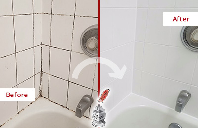 Sir Grout Seals the Grout to Eliminate Mold from this Forestville Tub Before and After Picture of a Forestville Tub with Sealed Grout to Eliminate Mold