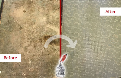 Sir Grout Cleans this Falls Mosaic Shower Cleaned to Eliminate Embedded Dirt Before and After Picture of a Falls Mosaic Shower Cleaned to Eliminate Embedded Dirt