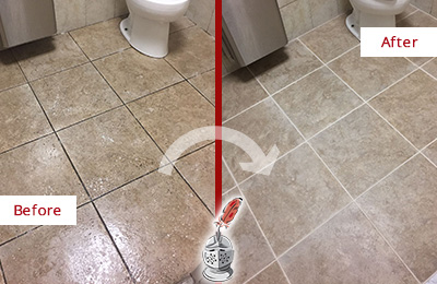 Before and After Picture of a Falls Restroom Floor Cleaned to Eliminate Dirt